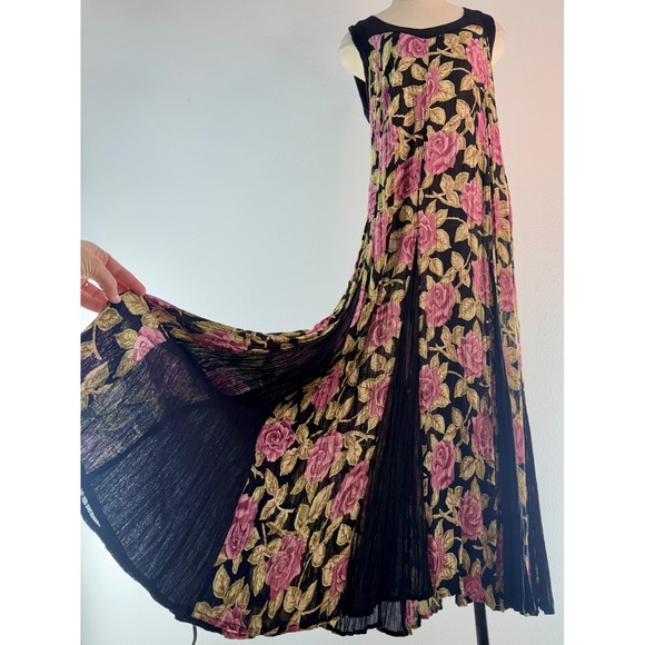 Starina Dresses & Skirts - Vintage 90s Y2K Starina Floral Pleated Maxi Dress Black Pink Rose Romantic Med